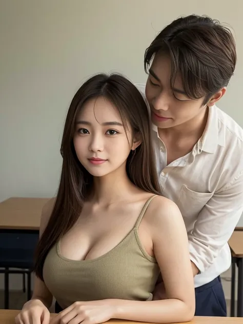 (table top:1.2), realistic, 18 year old photo.girl wearing a loose shirt、(Half-unbuttoned shirt) , highest quality, (big breasts), bare shoulders, cleavage, , lower chest、Exposed breasts、brown hair、((gal))、adult woman、(long face)、big eyes、double eyelids、BR...