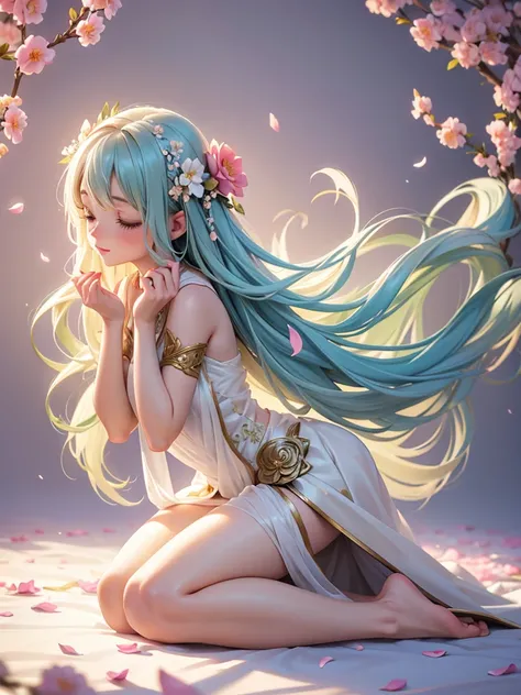 soft light, dreamy atmosphere, ethereal aesthetic, fantasy theme, natural elements, floral background, Exquisite details, flowing hair, whimsical pose, bright colors, Petals fall, pray, Kneel down