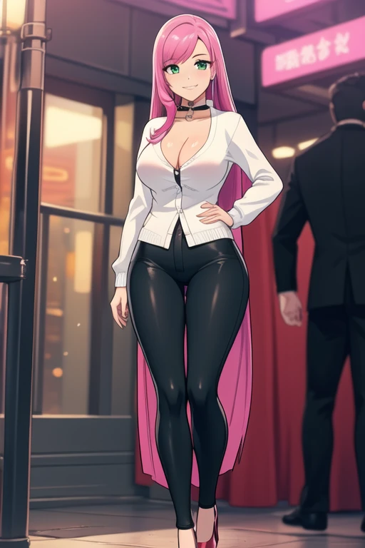 1 girl, 19 years old, Long pink hair, green eyes with slit pupils, master-piece, best quality, (standing up), (white shirt), (tight long sleeve white crop cardigan, black pants, bright red heels, cleavage),  (Big , ultra gigantic , Super super big, Glamoro...