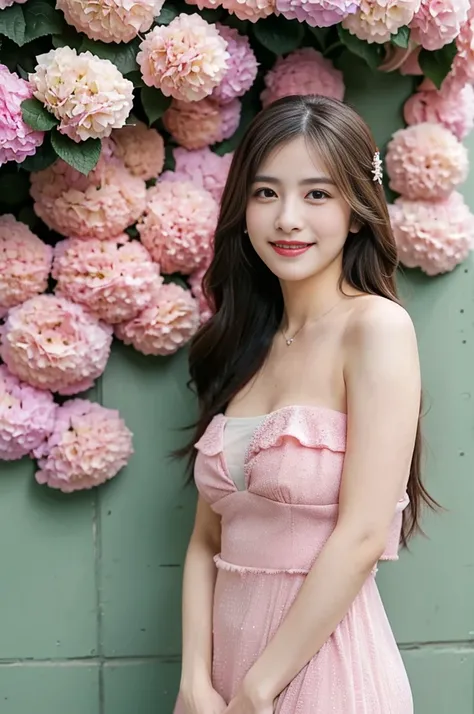 Flowers bloom all over the wall, (best light: 1.2, cute korean girl: 1.2, [white dress: 1.3], full body, beautiful dance moves, She is wearing a pink long-haired mink bandeau dress., Colorful flower wall, poster level, wallflower is not crowded, elegant an...