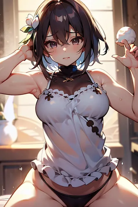 1girl,solo,retina,masterpiece, Awards, high quality, High resolution, HD, 4K,8K,high quality, rough skin,breast focus,(large breasts:1.3),faint smile,oily skin,underside of breasts,(mochi shaped breasts:1.2),(closeup upperbody:1.5),white clothe,baby face,(...