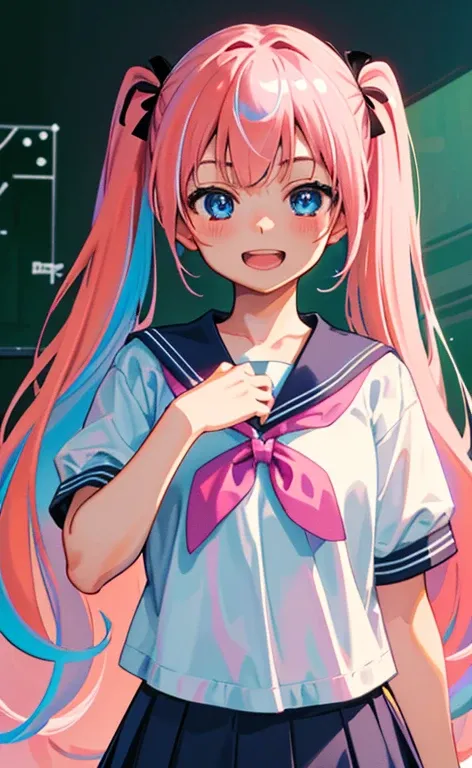 (​masterpiece、top-quality、8k size wallpaper、offcial art)、(face focus:1.3,portrait,upper body)、(1girl),Open mouth happy grin,cute face,blue eyes、twintails、
,(stand),
,(sexy body),(sailor uniform,skirt),(long fluorescence pink hair), (small breasts)、
、fluore...