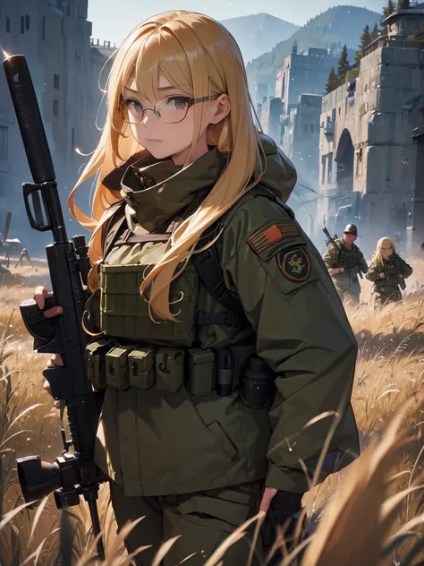 20 year old female、shiny hair quality、beautiful blonde hair、straight hair、long hair、glasses、glasses美人、military、battlefieldを駆け抜ける...