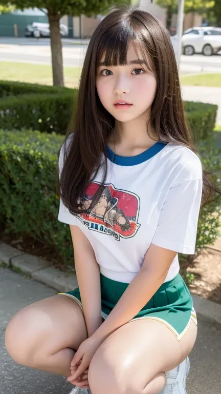 (highest quality, 8K, masterpiece ),12 year old junior high school student,big breasts、 super detailed face, bangs、T-shirt、double eyelid, (mini skirt:1.2)、knee、thighs、strong natural light、Sitting squatting:1.5、