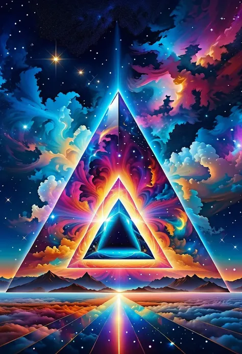 huge triangle，magnificent cosmic starry sky background，intricate illustration in surreal art style，surreal dream，dubrec style，tr...