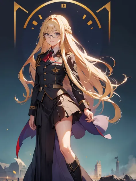 20 year old female、shiny hair quality、Beautiful Blonde Hair、straight hair、super long hair、Glasses、Glasses美人、military、battlefieldの女神、Forefront、battlefield、uniform、skirt、high heels、Beautiful Commander、smile、beautiful feet、beautiful thighs、perfect skeleton