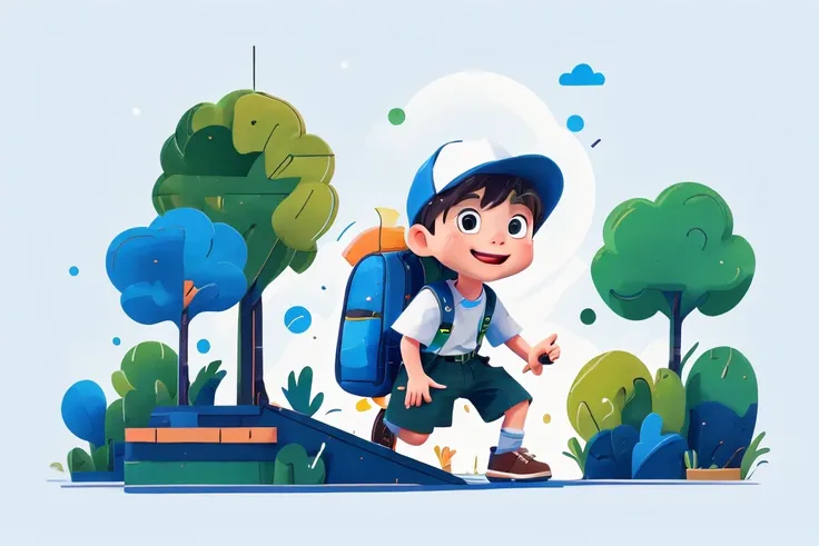 a little boy，Wearing a peaked cap，Wearing a backpack，Climbing，happy，Fresh green tones，white background。