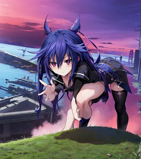 1girl, Kurome Ankokuboshi, Neptunia, Zerodimension, anime, blue hair, black clothes, pose, ruined city, purple and red sky.