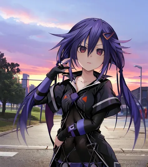 1girl, kurome ankokuboshi, neptunia, zerodimension, anime, blue hair, black clothes, pose, ruined city, purple and red sky.