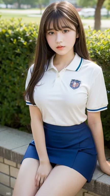 (highest quality, 8K, masterpiece ),12 year old junior high school student,big breasts、 super detailed face, bangs、polo shirt、double eyelid, (mini skirt:1.2)、knee、thighs、strong natural light、