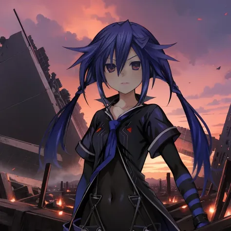 1girl, kurome ankokuboshi, neptunia, zerodimension, anime, blue hair, black clothes, pose, ruined city, purple and red sky.