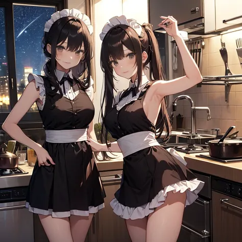 A group of maids, (in kitchen), various hair styles, harem, wearing maid uniform, night, details face, , short skirt, seducing, sleeveless , night, starry night, armpits 