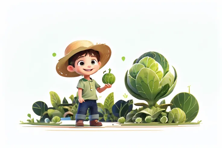 a little boy，wearing a straw hat，In a cabbage field，A large cabbage in his hand，happy smile，Fresh green tones，white background。