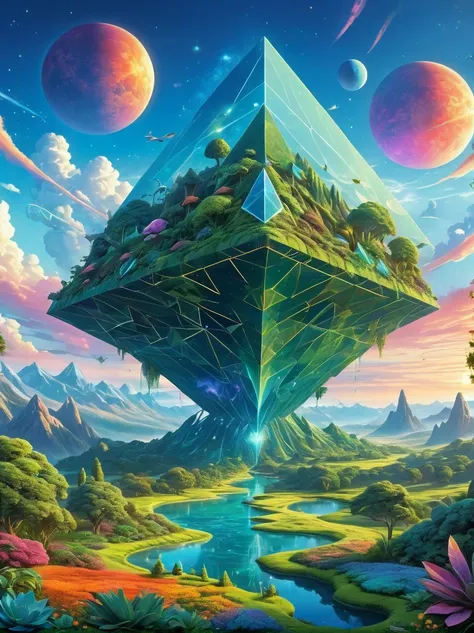 a vast alien giant geometric shape landscape, where plants and creatures are composed of interlocking geometric shapes, suggesti...