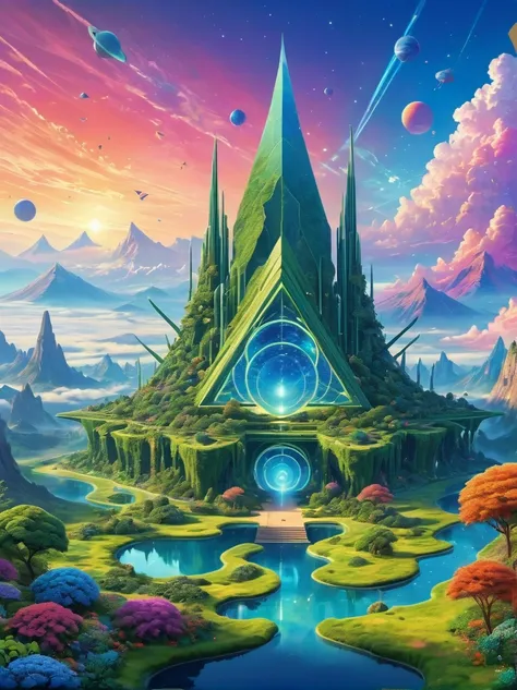 a vast alien giant geometric shape landscape, where plants and creatures are composed of interlocking geometric shapes, suggesti...