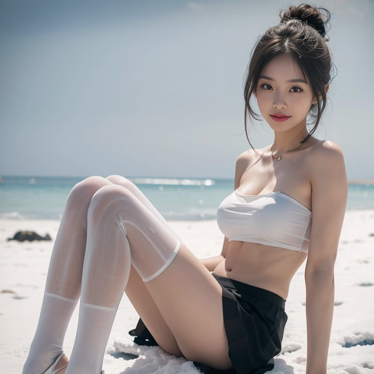 (whole body:1.5)，(1 asian girl:1.3),(view viewer:1.4)，(anatomically correct:1.3),(sitting in the snow:1.2),(See-through D chest（tube top）see-through miniskirt:1.4),( Thin black pantyhose:1.3),( Pointed-toe stiletto heels :1.2)，(Accurate and perfect face sh...