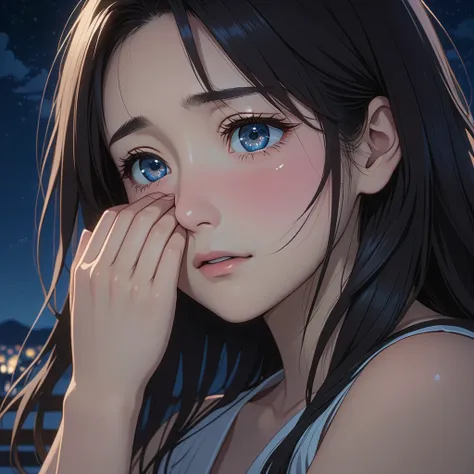 masterpiece, High resolution, illustration, kyoto animation style, Your name is cinematic style, night, midnight, Light, (1 female: 1.3), (alone: 1.4), long eyelashes, long hair, nose blushing, futon, crying, naked, face close-up, Hide with hands , Hide wi...