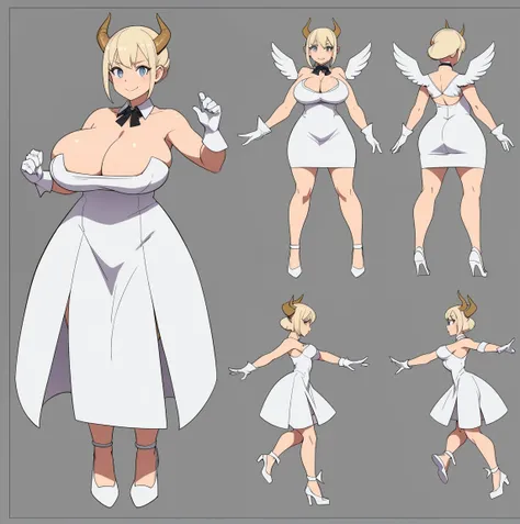 reference sheet, 1girl, (solo:1.2), curvy, (masterpiece:1.2), (best quality:1.2), (perfect anatomy:1.4), (jumping:1.4), (happy:1.2), smile, (large breasts:1.4), (cowboy shot:1.2) lack, anime style, pastel colors, thick semi-traditional lineart, al1, demon ...