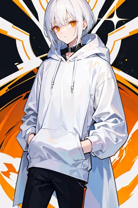 young man,One man,white hoodie, big hoodie,black pants, No expression, long eyelashes, short hair, white hair, orange eyes,