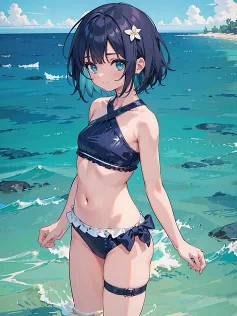 a girl standing in shallow ocean water under a clear blue sky. She has a sun-kissed complexion and a deep violet bob cut hair. She is wearing a two-piece swimsuit with a strap around the neck; the top is bandeau-style with a halter neck strap, featuring a ...