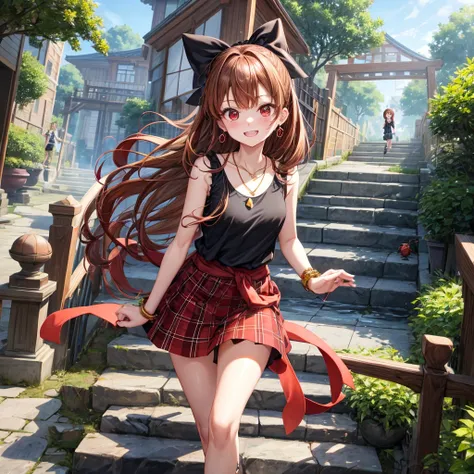 reddish-brown golden hair、red eyes、one good looking girl、solo、anime、plaid mini skirt、black camisole、black t-shirt、hoodie、wearing a ribbon、ribbon at waist、crystal earrings、Gemstone Necklace、Light and shadow、Tilting face、teeth are visible、pillar、evil looking...