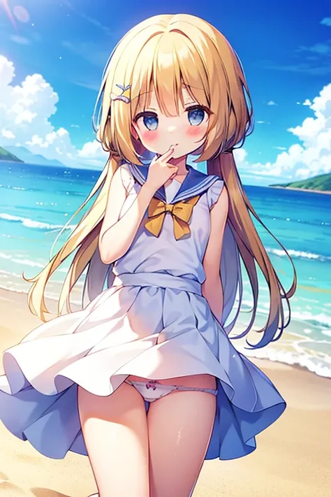 (masterpiece:1.2), highest quality, High resolution, original, highly detailed wallpaper, perfect lighting,(Very detailed CG:1.2), Trap is wearing a white sailor suit, alone, blonde hair and blue eyes, cute anime face, hold a gun, (panties:1.25), {the wind...