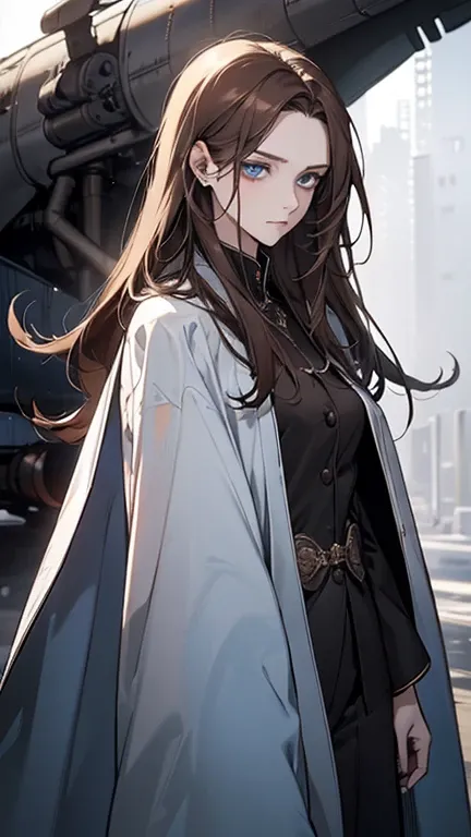 (disorganized, High resolution, super detailed), 1 female, beautiful, light blue eyes, brown hair, straight long hair,Bundled at the back,black suit,cloak,adult woman,25 years old,Quiet,Slender,pale,Are thin,Look sick,Calm,hangar,