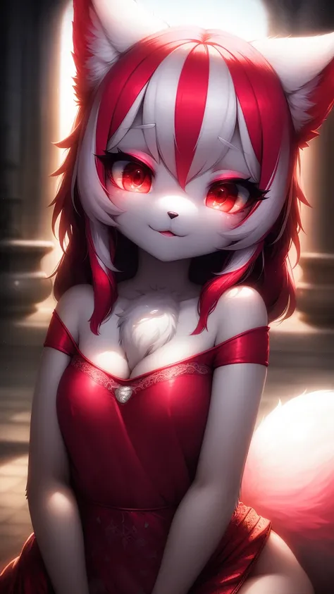 furry, white fur, ultra cute face, ultra long eyelashes, red elements on fur, glowing t-shrt, beautiful lights and shadows, ambient light, ultra detailed fur, neon highlights, chiaroscuro, masterpiece,epic,intricate,ultra HD