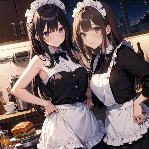 A group of maids, (in kitchen), various hair styles, harem, wearing maid uniform, night, details face, , short skirt, seducing, sleeveless , night, starry night, armpits 