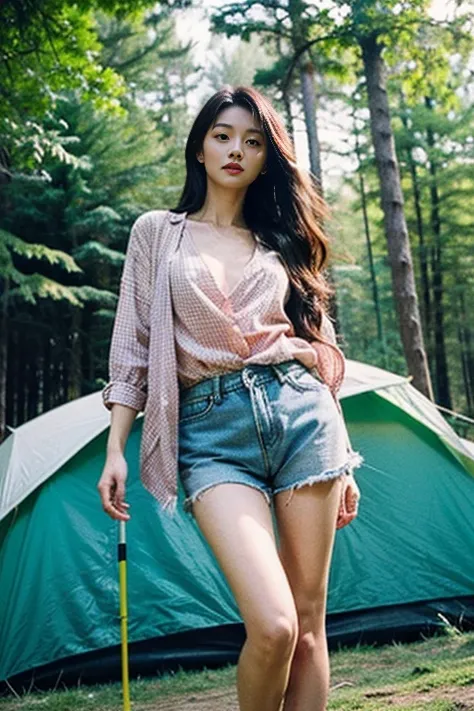 Wild camping，1 beautiful woman，standing，Full body female love，beautiful face，Highly detailed facial details，Realistic skin texture，long hair，long legs，Complex shirts，split，cleavage，tight shorts，start from below，美丽的long legs，cum on cloth