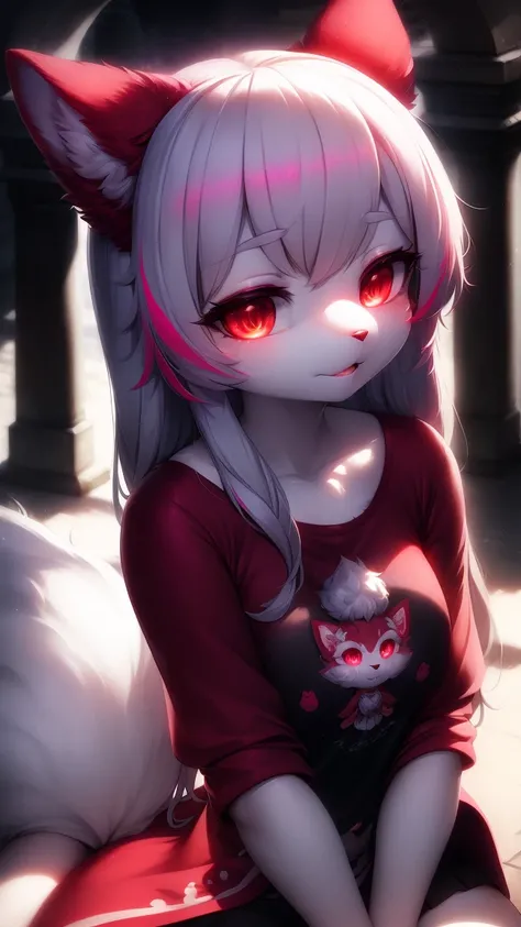 furry, white fur, ultra cute face, ultra long eyelashes, red elements on fur, glowing t-shrt, beautiful lights and shadows, ambient light, ultra detailed fur, neon highlights, chiaroscuro, masterpiece,epic,intricate,ultra HD