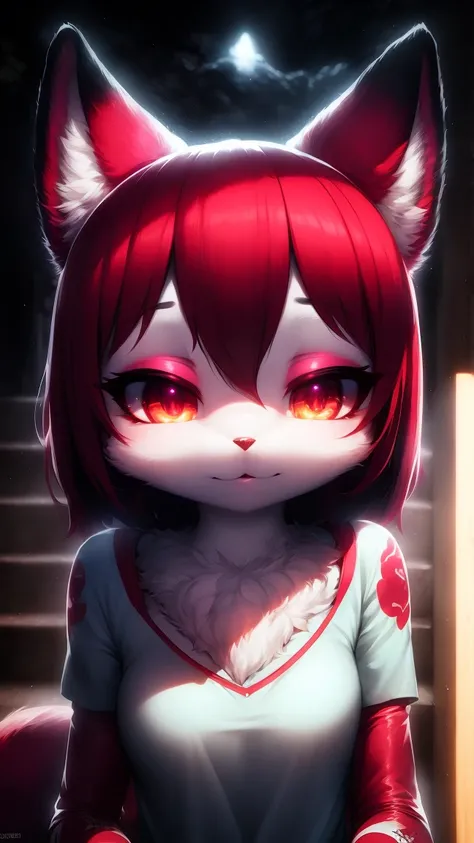 furry, white fur, ultra cute face, ultra long eyelashes, red elements on fur, glowing t-shrt, beautiful lights and shadows, ambient light, ultra detailed fur, neon highlights, chiaroscuro, masterpiece,epic,intricate,ultra HD