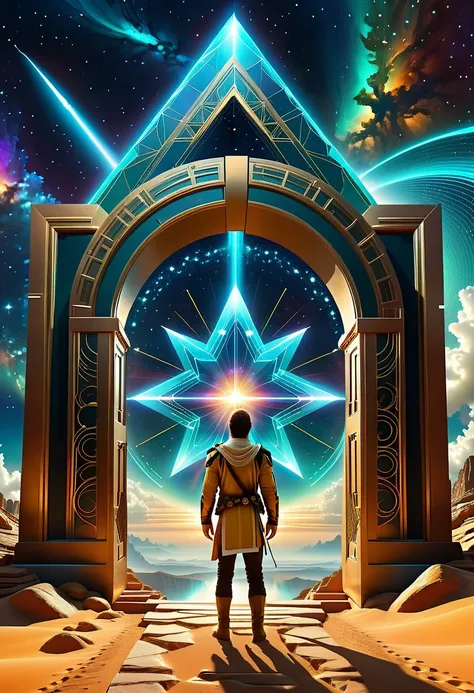 Giant triangle cybernetics，Magnificent cosmic starry sky background，Intricate illustration in surreal art style，surreal dream，Dubrec style，Transparent geometric shape close-up，（multiple exposure：1.8），A man stood in the doorway，Alphad&#39;s image with a sta...