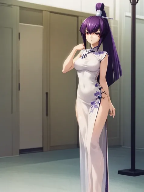 nsfw , Koubuin Yuuhi, , (((highres official art))) , (((1girl))) , (((solo))) , (((see-through China dress))) , blue hair , purple hair , high ponytail , standing ,party venue , (((cowboy shot)))