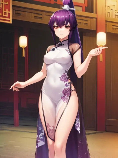 nsfw , Koubuin Yuuhi, , (((highres official art))) , (((1girl))) , (((solo))) , (((see-through China dress))) , blue hair , purple hair , high ponytail , standing ,party venue , (((cowboy shot)))