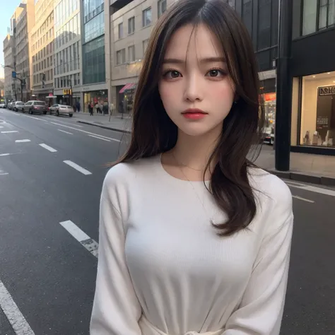 woman, (realistic), (hyper realism), (photorealistic), Depth of the bounds written, eye make up:0.5, (Upper body:1.2), (tight waist:0.7), looking at the viewer, casual clothes, on the city street, 