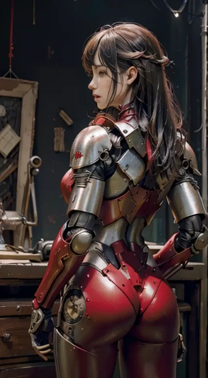 (master part), (highest quality), photorealism, realistic, super detailed, perfect face, perfect body, 1 love, beautiful girl,  Wearing red armor, mechanical armor, exoskeleton, stand, Pose legally, sexy, view from behind