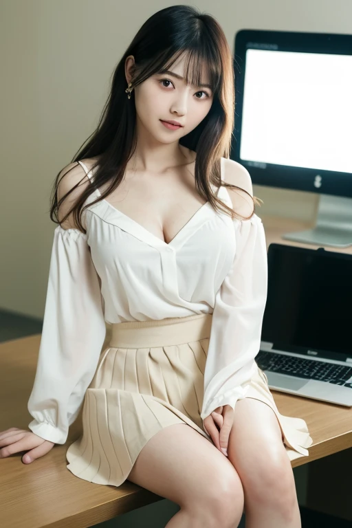 masterpiece、highest quality, 16k, girl, 36 years old, Raw photo, professional photography, portrait, late night office,dark lighting、 Pale pale contrast、professional lighting, alone, sitting in front of the computer、smile, close,  cute, girly, goddess, 繊細な...