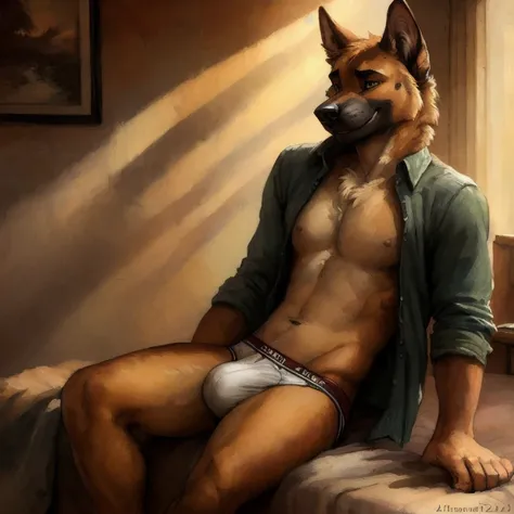 Masterpiece detailed portrait of a male anthro german shepherd 1.3, open shirt, underwear, underwear bulge, posted to e621, zaush, kenket, dramatic lighting, suggestive posing 1.2, sexy, seductive 1.3, seductive smile, suggestive grin, bedroom, sitting on ...