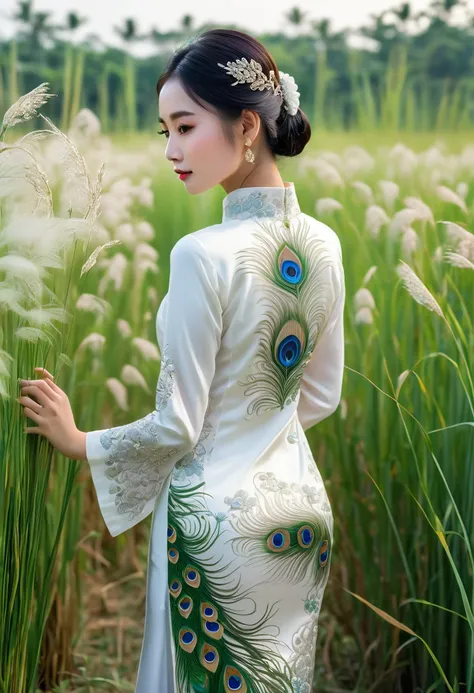 A girl in Ao Dai is made of thin silk or cotton fabric., has a long and tight white style, which is very detailed., The peacock pattern in front of the shirt is very detailed, girl stands in a field with tall grass, in a gorgeous space with lots of details