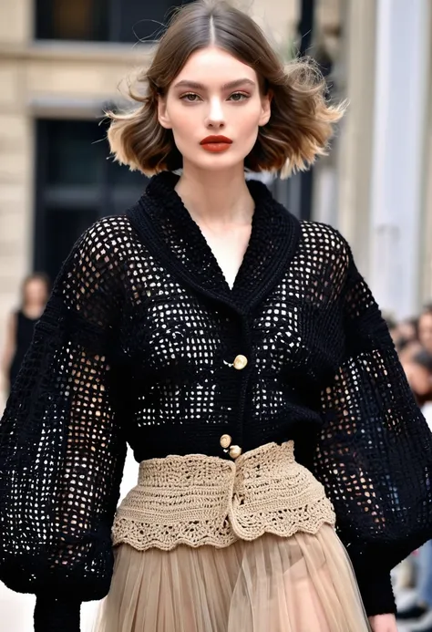 (((Masterpiece))), (Top Quality)), (((Super Detail))), Professional, Paris Collection, Fashion Week, Street Snapshot , Full Length, French model, full beige lips, small nose, tall and thin, black crochet very voluminous large black crochet outerwear, large...