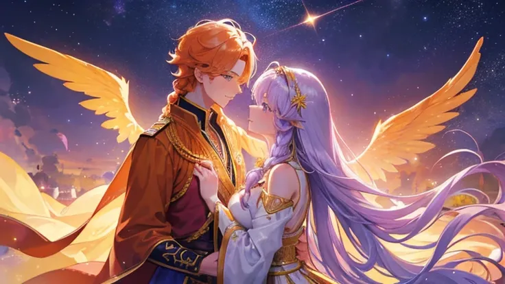 handsome boy, orange hair, different eye colors, royal clothes, gold wings, chrysanthemums, anime 8k resolution, skybeutiful girl, light purple hair, long braid hair, galaxy, royal clothes, star, night sky, couple, romantic pose, huge