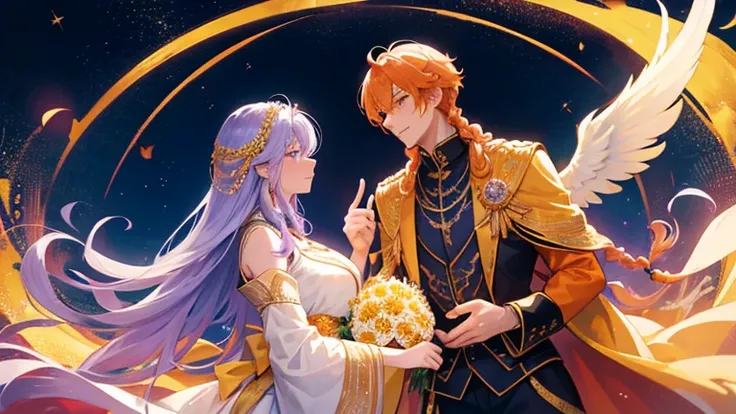 handsome boy, orange hair, different eye colors, royal clothes, gold wings, chrysanthemums, anime 8k resolution, skybeutiful girl, light purple hair, long braid hair, galaxy, royal clothes, star, night sky, couple, romantic pose, huge