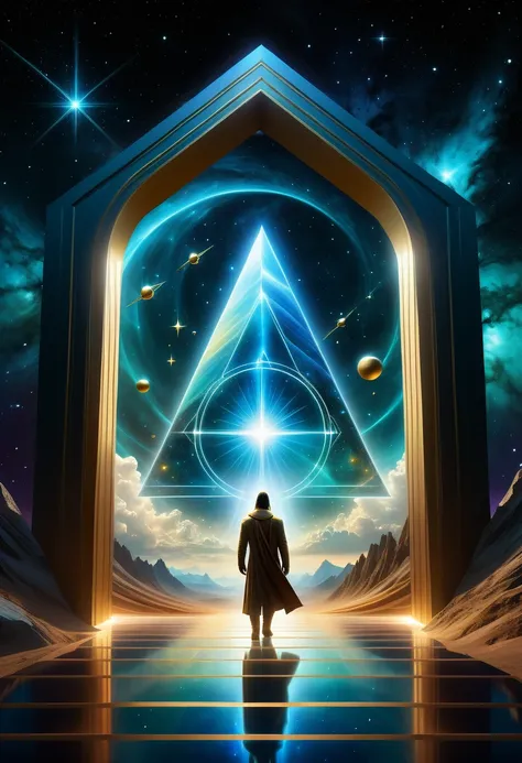 giant triangle cybernetics，magnificent cosmic starry sky background，intricate illustration in surreal art style，surreal dream，du...