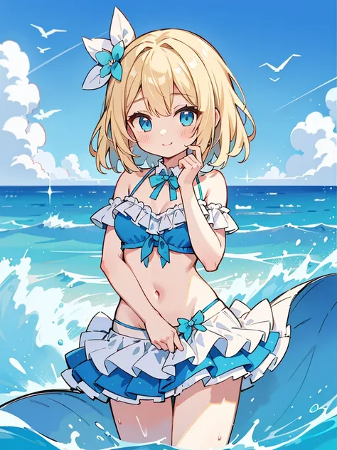 an animated character standing on a beach with a clear blue sky and fluffy white clouds overhead. The sea is a vivid turquoise with gentle waves lapping onto the sandy shore. The character has fair skin and short, wavy blonde hair with a blue flower access...