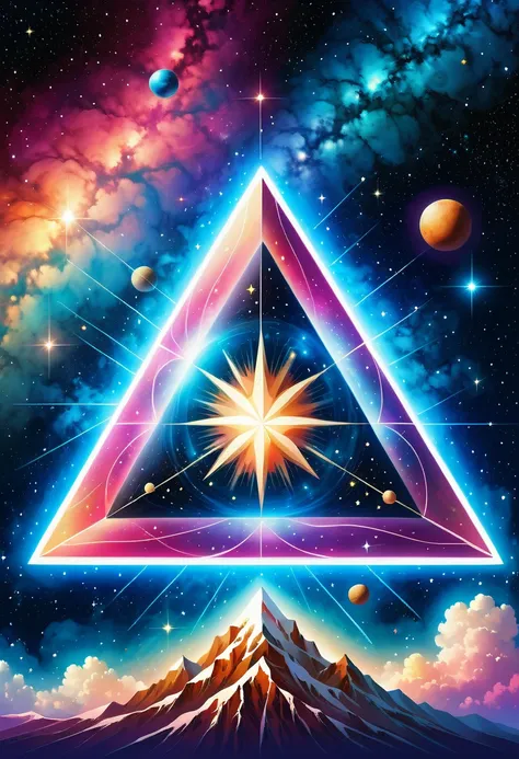 giant triangle cybernetics，magnificent cosmic starry sky background，intricate illustration in surreal art style，surreal dream，du...