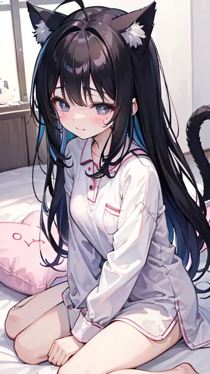 black hair、Cat ear、、smile、blushing cheeks、snow、Alice、small breasts、sitting on the bed、Sitting like a clumsy kid、sleepy eyes、Pajamas、yawning、Holding a body pillow、Ahoge、twins、happy eyes、Emotionally-intense、sisters、2 people、In focus、Pink heart in a black eye...