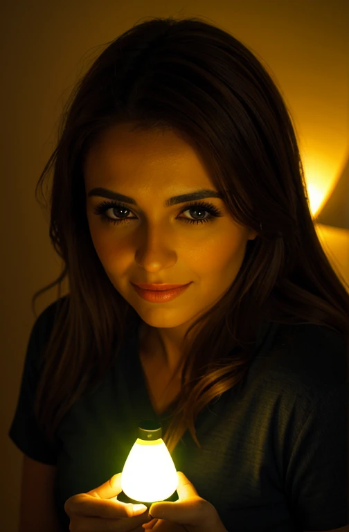 Mujer arafed sosteniendo una bombilla con una cuerda atada a ella., con poderes magicos, Buena foto iluminada, linda jovencita, hermosos ojos grandes y claros, Holding a bedside lamp, portrait photography, retrato, luces encendidas, Luces fluorescentes par...