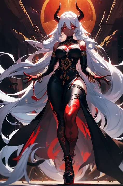 demoness, black skin, long white hair, moving and glowing runic red tattoos across her body, hair appears as if its made of smoke, two short black horns, eyes mesmerizing mix of red and gold, tall curvy figure, 10ft tall, flowing black dress, long white gl...