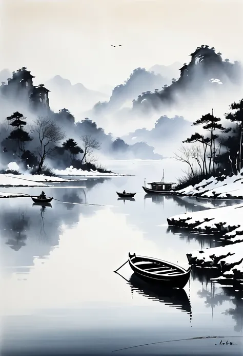 Chinese ink painting, traditional painting, landscapes, boats, lakes, snow scenes, minimalism, blank space, abstract expressionism, brush texture